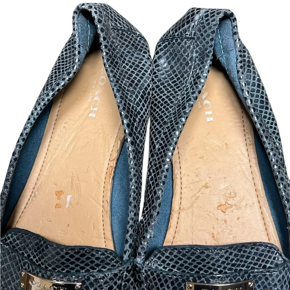 Coach Fredrica blue iridescent snake print leather logo loafers Y2K